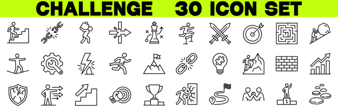 Challenge Line Icon Set, Editable Stroke Vector Illustration for Mission, Competition, Obstacle, Battle, Problem Solving and Teamwork Concepts