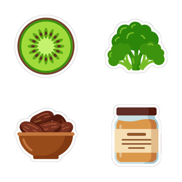 Set of flat vector stickers with healthy vegan food icons kiwi slice broccoli dates in bowl and almond butter jar solid colors