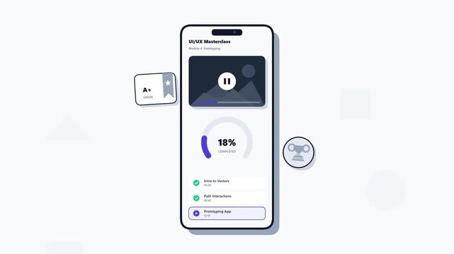 Smartphone Displaying Online Learning Course Progress and Educational App Interface Motion Illustration