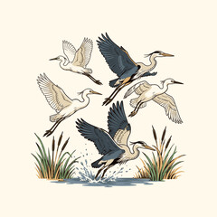 Naklejka premium Vintage herons and egrets flying above marshland cattails, retro vector graphic illustration for t-shirt design and outdoor branding.