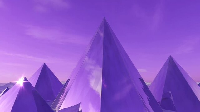 Abstract digital art featuring multiple glossy purple pyramids against a vibrant sunset sky.