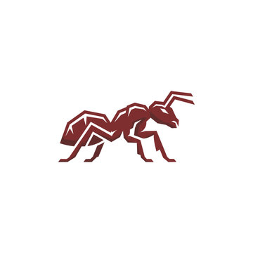 Minimalist vector illustration of a red ant character designed with geometric shapes and sharp lines for a modern and clean mascot logo design