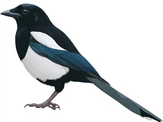 Fototapeta premium Black And White Eurasian Magpie Bird Standing On White Background With High Contrast Studio Lighting