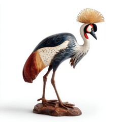 Fototapeta premium Decorative Beaded Grey Crowned Crane Sculpture On Textured Base Against A Solid White Background