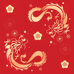 Chinese New Year dragon pattern vector with elegant golden Asian dragons, plum blossom ornaments and festive decorative elements on red background.