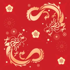 Fotobehang Cars Chinese New Year dragon pattern vector with elegant golden Asian dragons, plum blossom ornaments and festive decorative elements on red background.  © TWINS DESIGN STUDIO