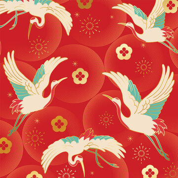 Chinese New Year pattern vector with elegant cranes, red circles, floral ornaments and traditional Asian decorative elements on red background.