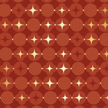 Chinese New Year seamless pattern vector with traditional geometric floral ornaments, circular motifs and elegant gold decorative elements on red background.