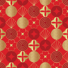 Plakat Chinese New Year seamless pattern vector with traditional geometric floral ornaments, circular motifs and elegant gold decorative elements on red background.