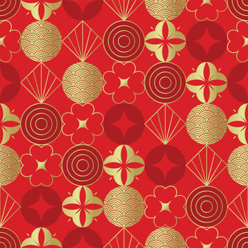 Chinese New Year seamless pattern vector with traditional geometric floral ornaments, circular motifs and elegant gold decorative elements on red background.