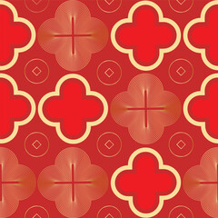Plakat Chinese New Year seamless pattern vector with traditional geometric floral ornaments, circular motifs and elegant gold decorative elements on red background.