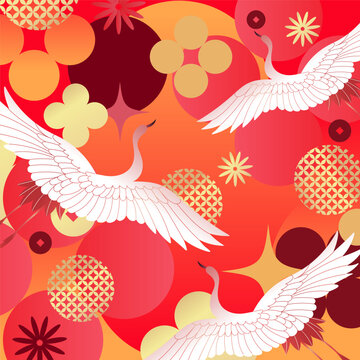 Chinese New Year pattern vector with elegant cranes, red circles, floral ornaments and traditional Asian decorative elements on red background.