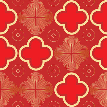 Chinese New Year seamless pattern vector with traditional geometric floral ornaments, circular motifs and elegant gold decorative elements on red background.