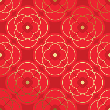 Chinese New Year seamless pattern vector with elegant gold geometric floral lattice ornaments on red background for festive Asian decoration and packaging.