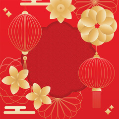 Plakat Chinese New Year background vector with elegant red lanterns, golden flowers and traditional Asian decorative ornaments on vibrant red background.