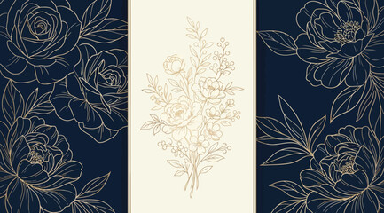 Luxury wedding invitation background with gold line art peonies on deep navy blue panels and central cream space © Saharia