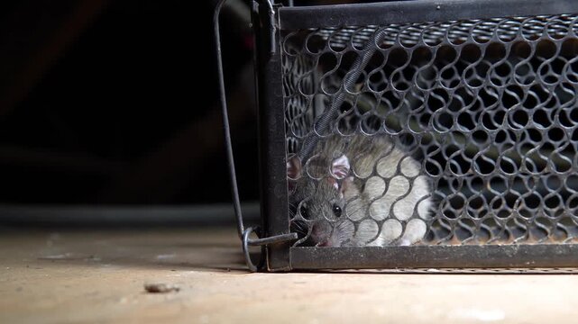 Rat trapped in cage trap inside dark attic or basement with cinematic lighting.