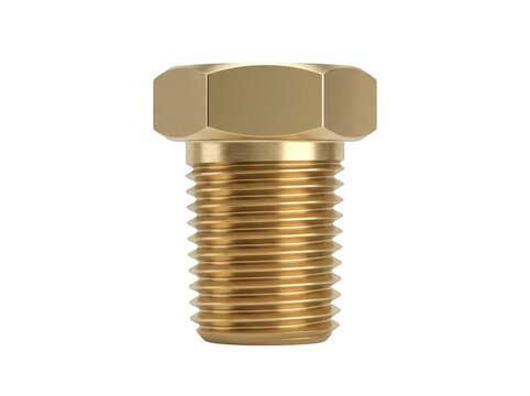 A brass threaded hex bolt with coarse threads against a transparent background.