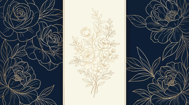 Luxury wedding invitation background with gold line art peonies on deep navy blue panels and central cream space