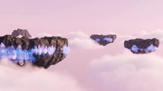 Floating rocky islands with glowing blue crystals drifting above soft pink clouds in a dreamlike sky.