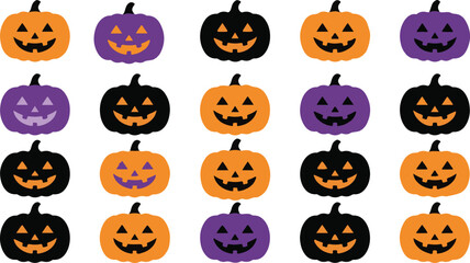 Naklejka premium Halloween jack-o-lantern pumpkin icons, set of 20 spooky flat vector pumpkins, orange purple and black autumn holiday graphics
