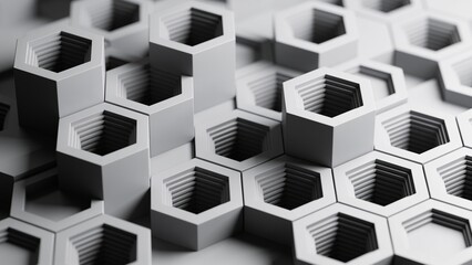 Fototapeta premium A modern 3D geometric background featuring an intricate pattern of extruded hexagonal shapes and interlocking cubes, creating depth, symmetry, dimension, and a futuristic abstract appearance.