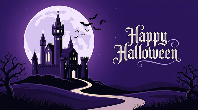 Purple Happy Halloween Landscape with Haunted House and Moon
