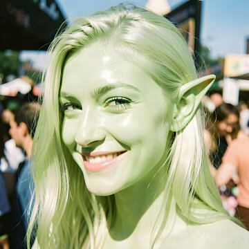 Pale green half-elf female face portrait market background