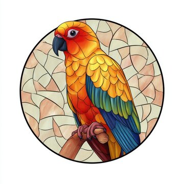 Sun Conure Parrot In Stained Glass Style Round Icon Featuring Orange And Yellow Feathers