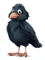 Fototapeta premium Cute Cartoon Crow Illustration Standing On A Plain White Background Featuring Soft Shaded Feathers