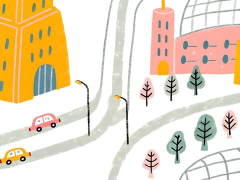 Hand drawn city map illustration with colorful buildings roads street lamps and small trees