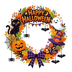 Fototapeta premium Happy Halloween Wreath Design with Black Cat Ghost Pumpkin and Witch Hat Decorative Illustration