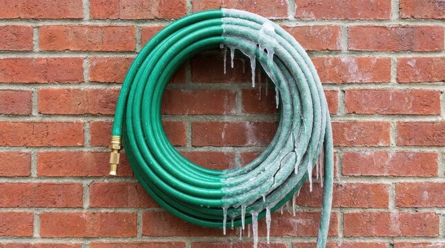 Coiled Green Garden Hose with Ice on Brick Wall in Winter