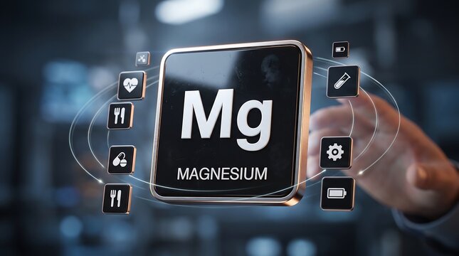 Magnesium Mg Element Concept with Health Icons &ndash; Nutritional Supplement, Mineral Benefits for Bone, Heart, Muscle, Brain, Sleep and Wellness Science Background