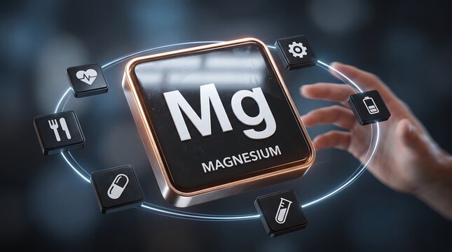 Magnesium element symbol mg on a digital cube surrounded by health and nutrition icons with chemical element mg mineral health supplement dietary supplement magnesium