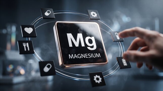 Magnesium element Mg chemical symbol health and wellness icons medical research and healthy nutrition choices represented by digital interface.