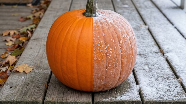 Split Pumpkin Illustrating Seasonal Transition from Autumn to Winter Frost