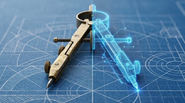 Old Drafting Compass with Digital Holographic Overlay on Blueprint Paper