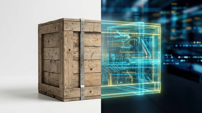 Wooden Crate Transforming into Glowing Neon Wireframe Circuit Board