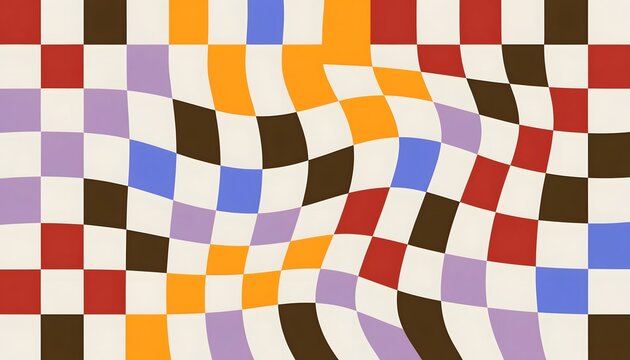 Retro distorted checkerboard pattern with colorful wavy blocks. Psychedelic optical art and vintage design concept. Wavy checkered graphic featuring vibrant shifting squares and modern aesthetic