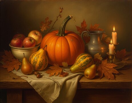 Rustic Autumn Table with Pumpkins, Apples, Pears, Candles and Colorful Foliage &ndash; Cozy Seasonal Decoration