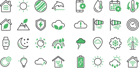 Obraz premium Green ecology and sustainable energy outline icon collection featuring smart home weather forecast climate control and conservation symbols