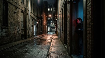 Fototapeta premium a woman hiding behind a doorway in a dark, narrow brick alleyway at night during an investigation.