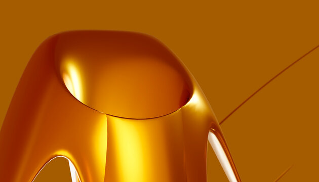 Golden smooth abstract curved 3d shape on orange background