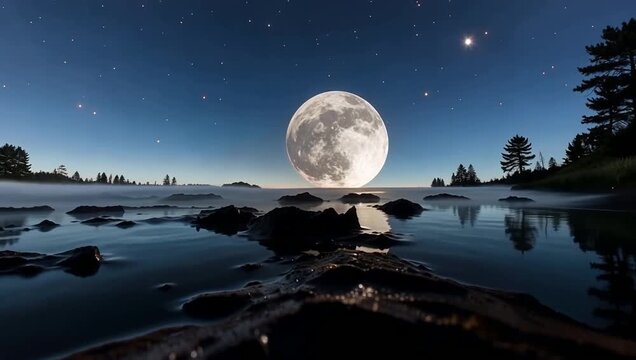 Bright full moon shining through thick dark clouds and misty fog over water.