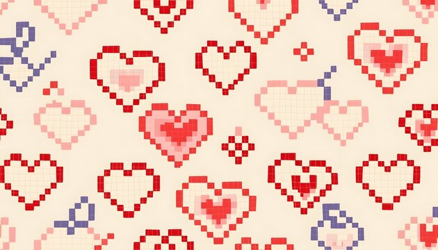Pixel art heart pattern background. Valentine romance and love concept. Retro pixelated hearts arranged in a seamless repeating design pattern