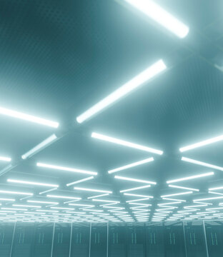 Server racks illuminated by ceiling lights in data center
