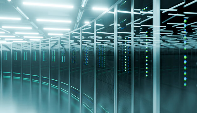 Data center with server racks and blue led technology lighting
