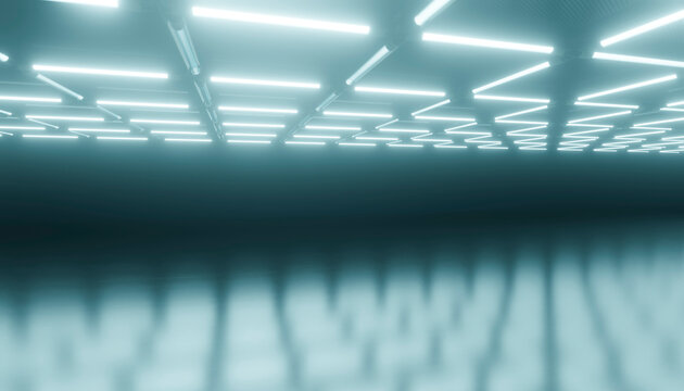 Data center interior featuring fluorescent ceiling lights