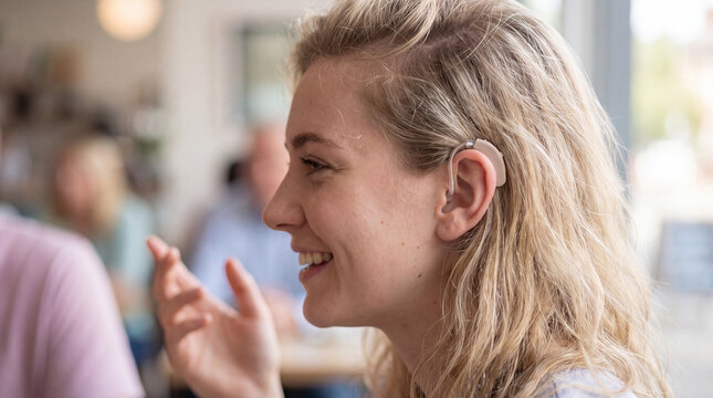 A young woman with a hearing aid is socializing in a coffee shop. Concept of hearing impairment, ear problems, hearing loss, and reduced sound perception.